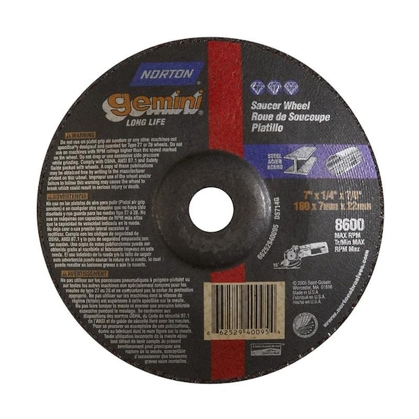 Norton Co Grinding Wheel, Depressed Cntr, Type 28 Saucer - Metal- Gemini Alu Ox, 7 x 1/4 x 7/8, Max RPM: 8600 662529-40095 - main